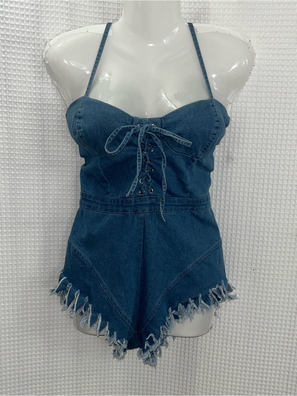 Klee Kollection Denim Lace-Up Spaghetti Strap Romper size medium
